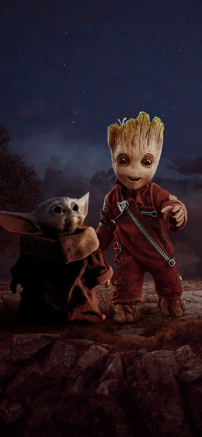 Baby Groot, Rocket, Nachthimmel, Guardians of the Galaxy, Roter Anzug, Hintergrundbild fürs Handy