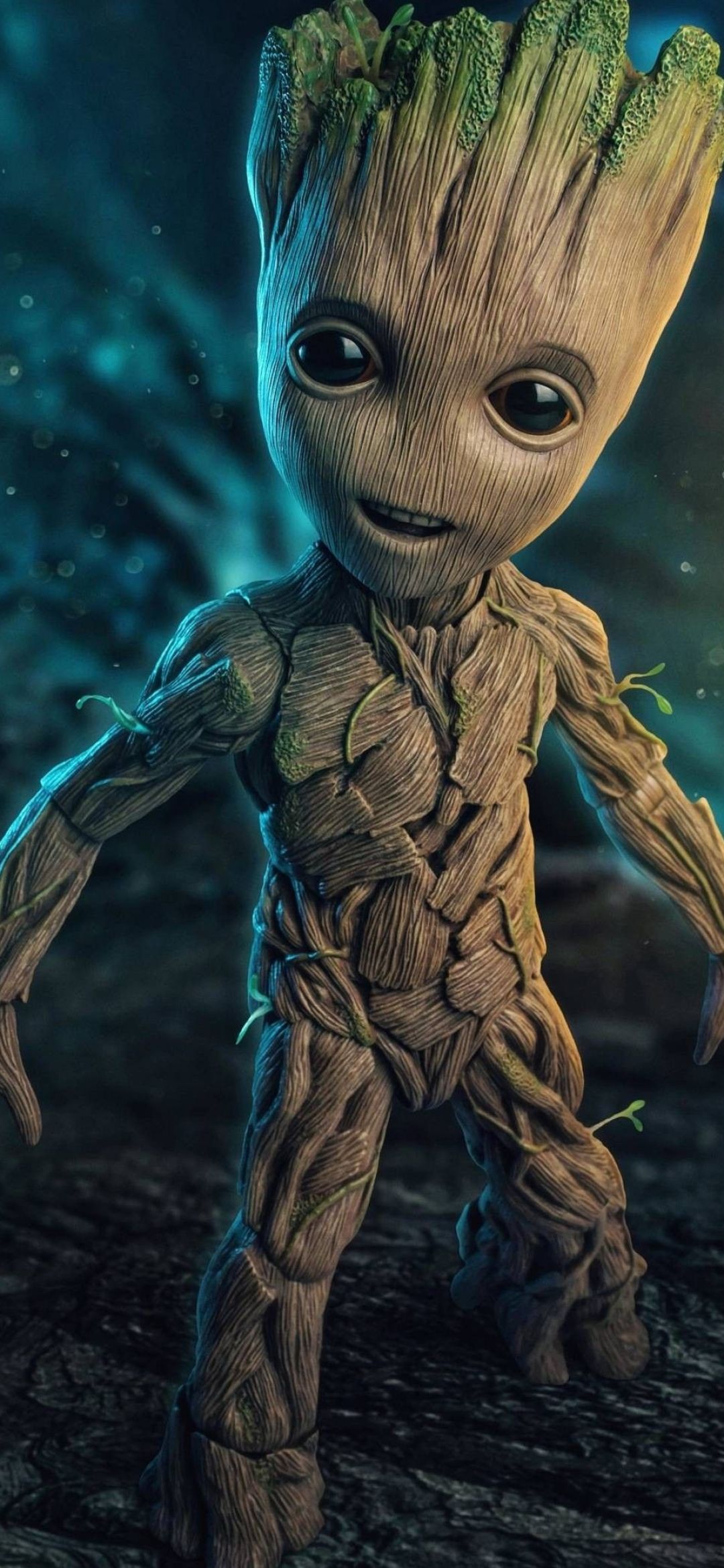 Baby Groot, Dunkeltürkis, Porträt, Marvel, 3D-Rendering, 1080x2340, Handy-Hintergrund