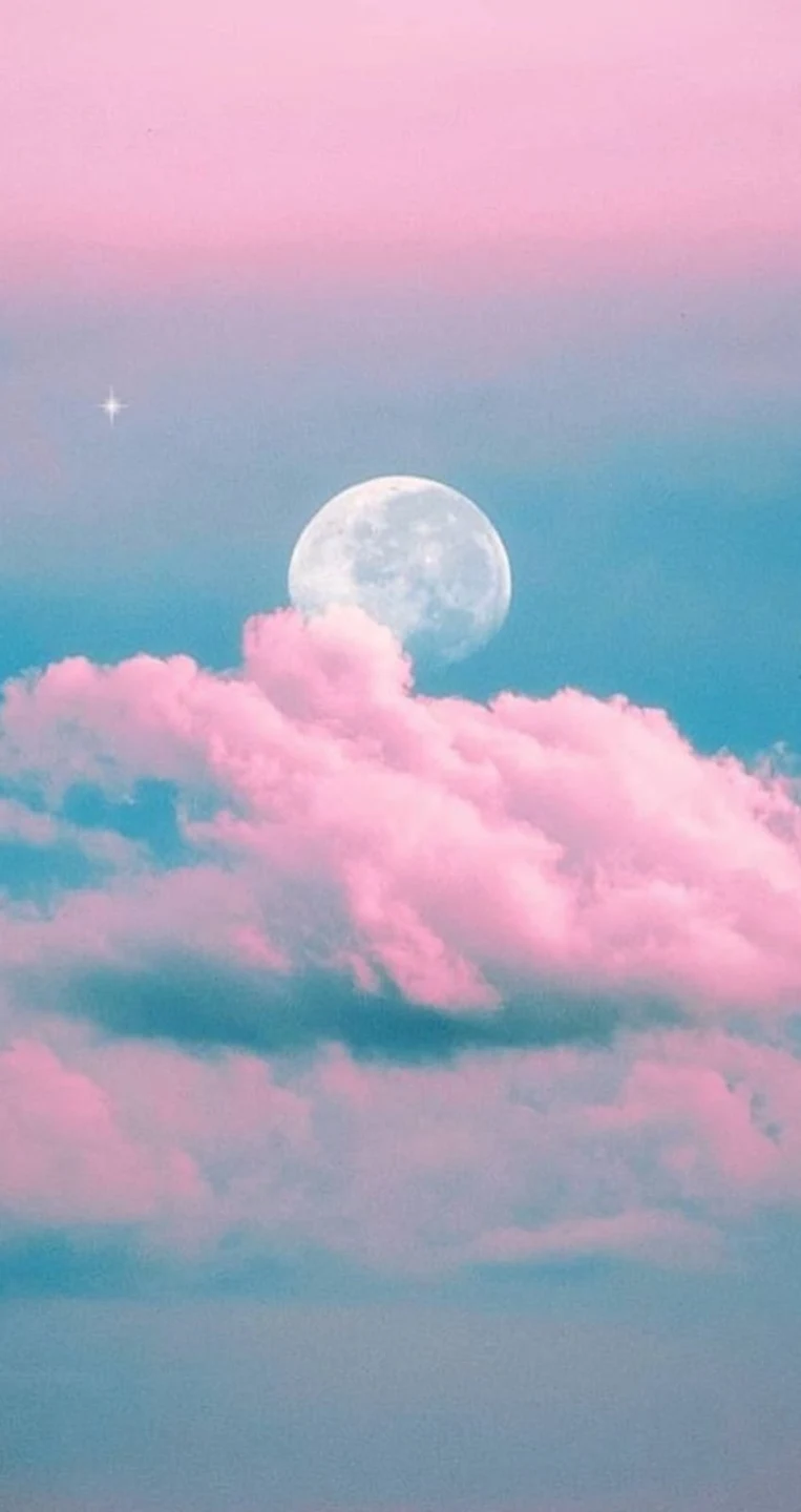 Vollmond, Rosa Wolken, Pastellhimmel, Aesthetic, HD, Hintergrundbild fürs Handy