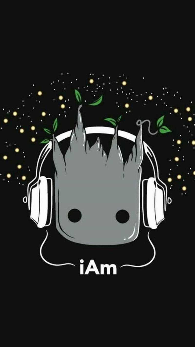 Groot, Kopfhörer, iAm, Musik, Schwarzer Hintergrund, Cartoon, Sperrbildschirm fürs iPhone