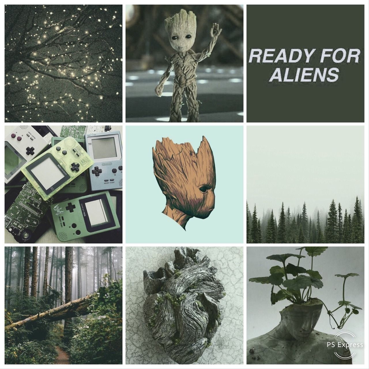 Baby Groot, Collage, Ready for Aliens, Wald, Salbeigrün, HD, iPad-Hintergrundbild