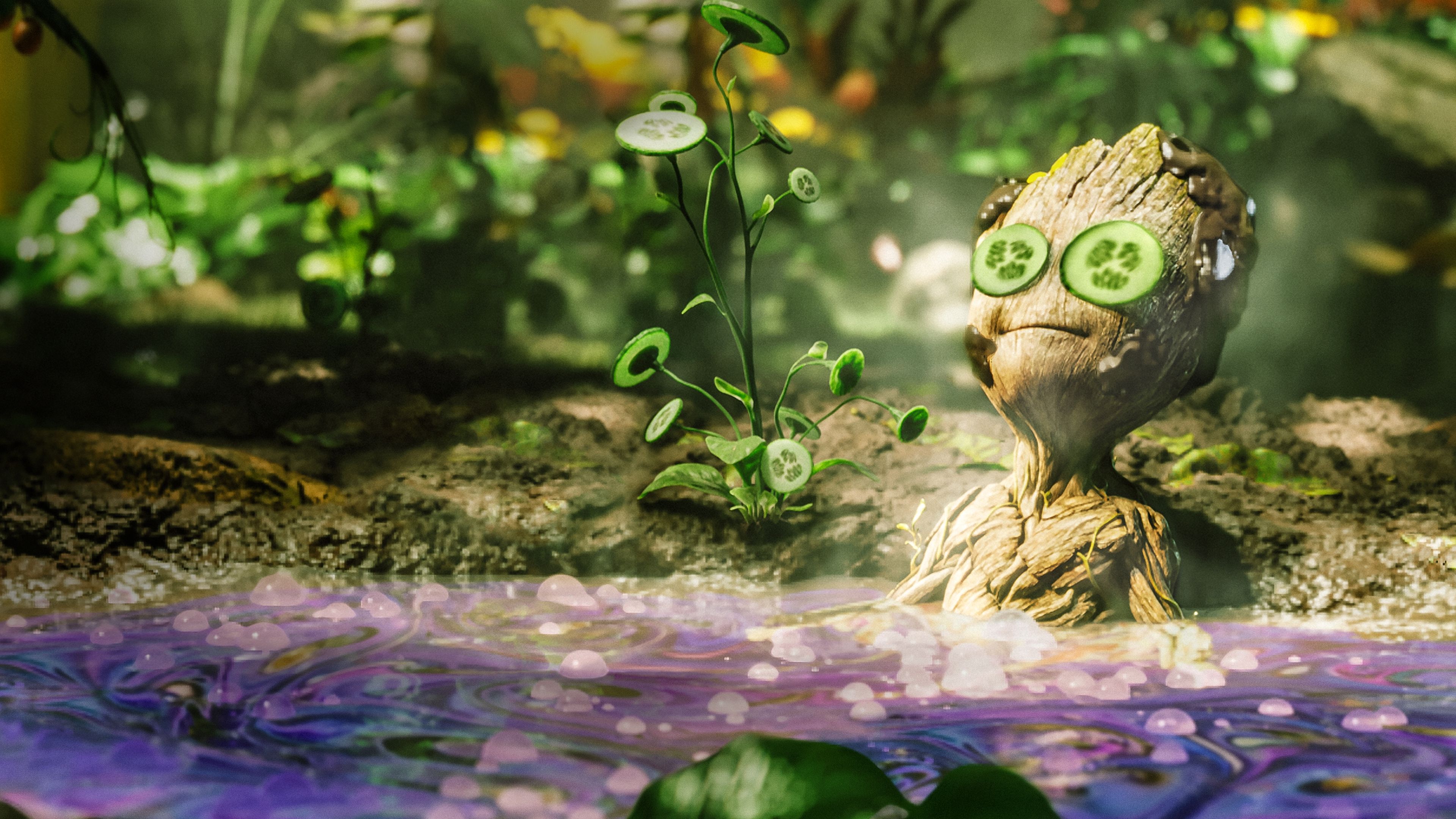 Baby Groot, I Am Groot, Gurkenscheiben, Bad, Wald, 4K, Desktop-Hintergrund für Windows