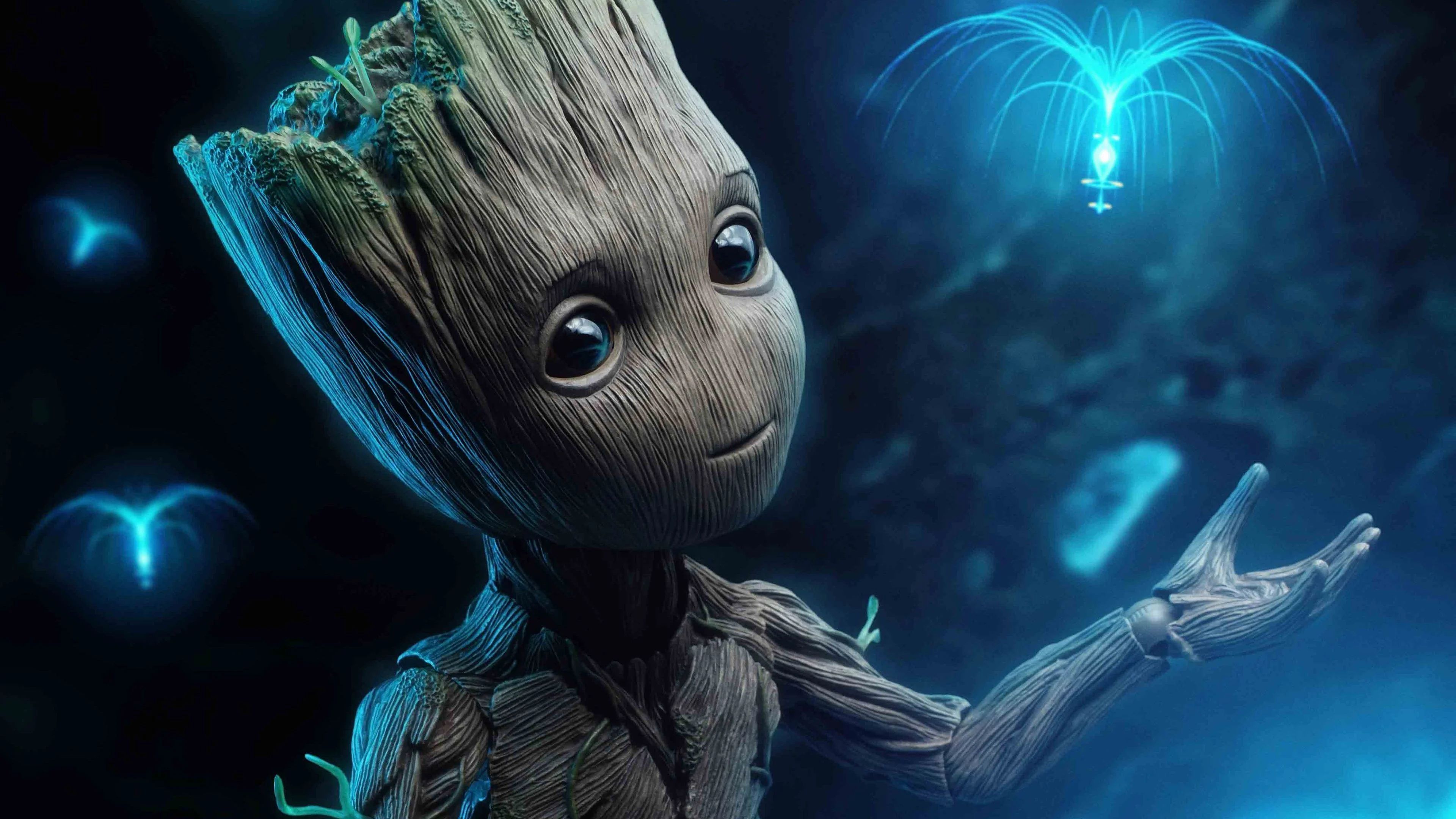Baby Groot, Biolumineszenz, Blaues Licht, Fantasie, Marvel, 4K-Hintergrundbild für PC