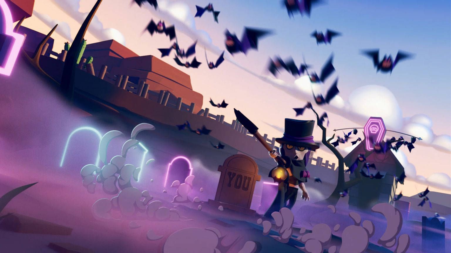 Mortis, Brawl Stars, Friedhof, Fledermäuse, Abenddämmerung, Grabsteine, HD-Hintergrundbild für PC