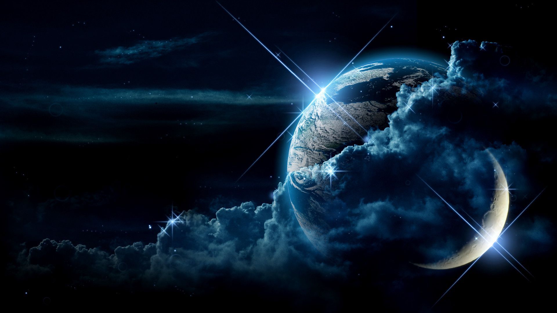 Planet, Wolken, Mondsichel, Lichtstrahlen, Digitale Kunst, 1920x1080, PC-Hintergrundbild
