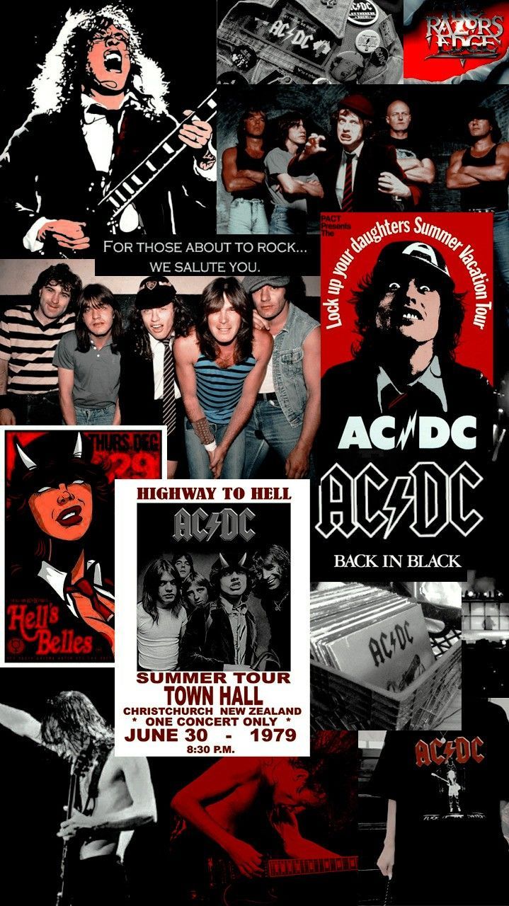 AC/DC, Collage, Back in Black, Konzertplakate, Schwarz-Weiß, Sperrbildschirm fürs iPhone