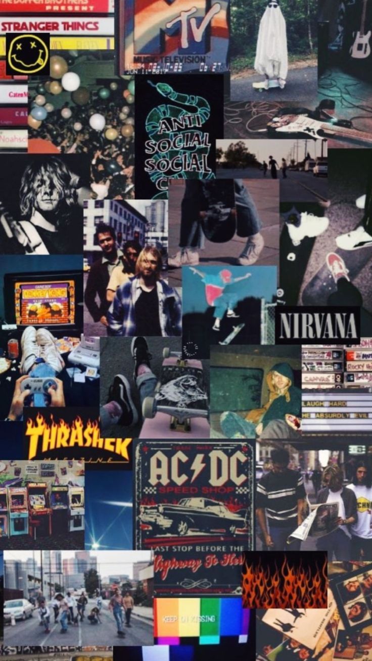 AC/DC, Nirvana, Thrasher, Collage, Grunge-Ästhetik, HD, Handy-Hintergrund im Hochformat