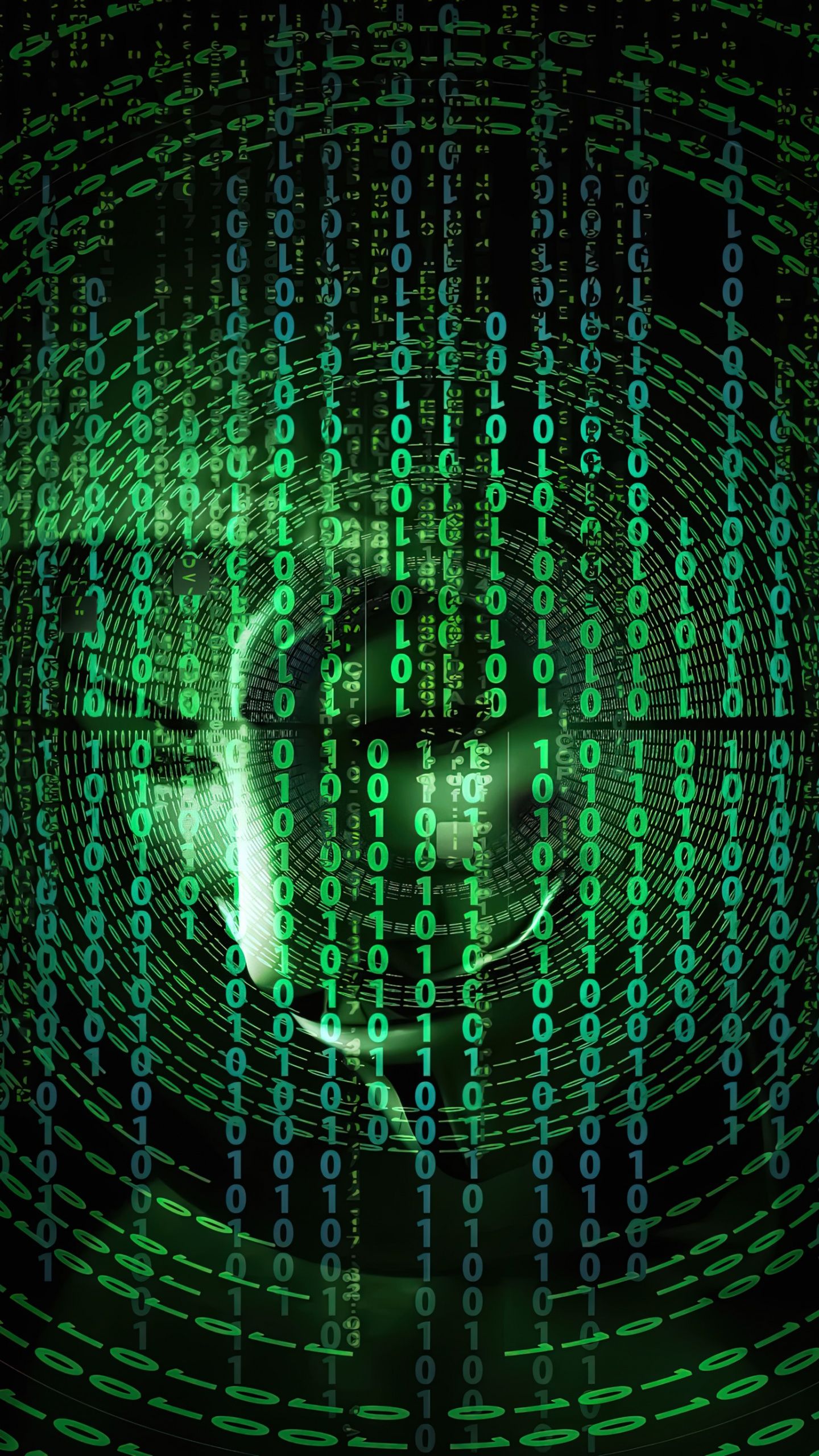 Hacker, Binärcode, Grün, Tunnel, Digital, QHD+, Handy-Hintergrund im Hochformat