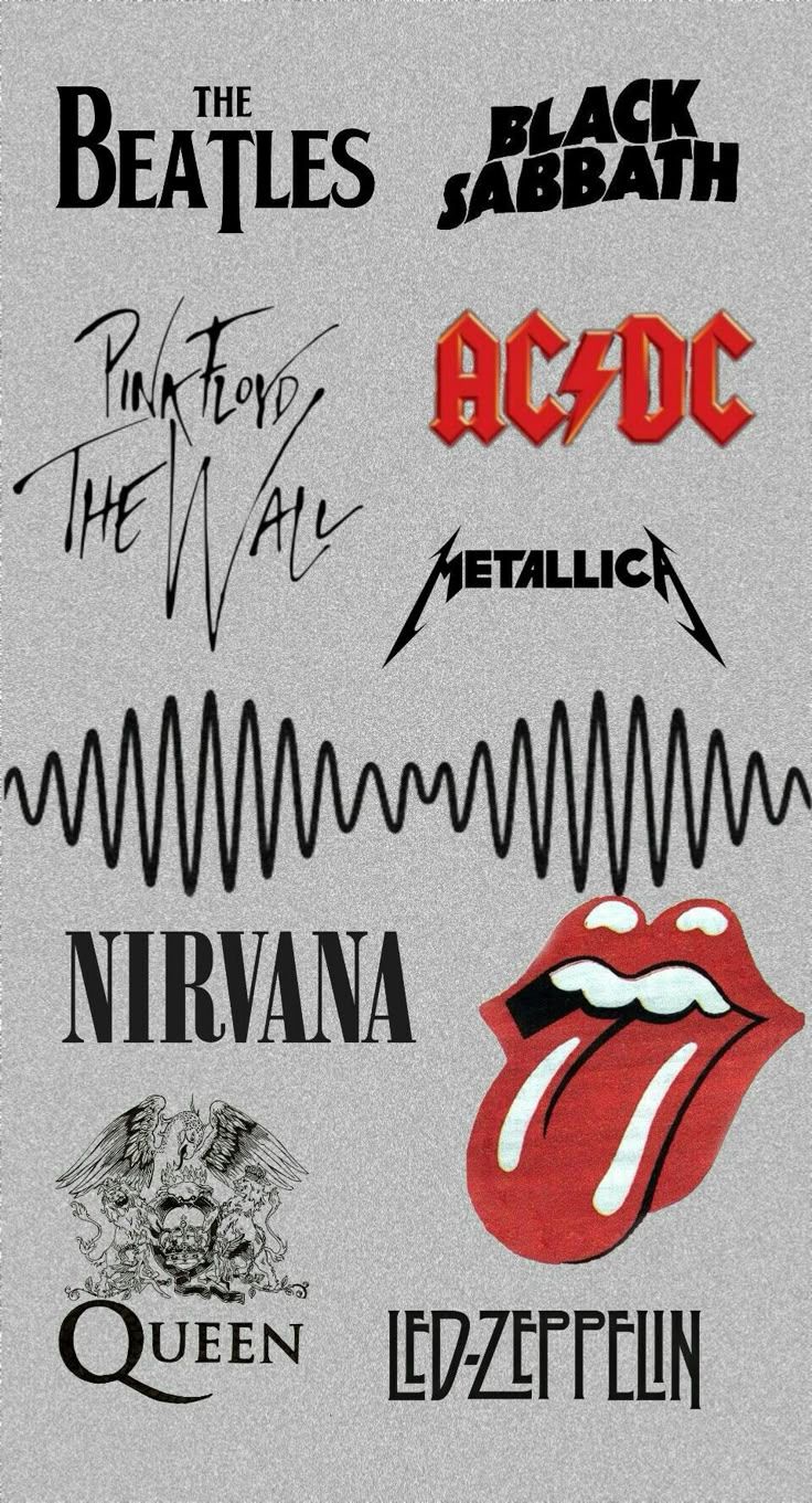 AC/DC, The Beatles, Black Sabbath, Pink Floyd, Metallica, Nirvana, The Rolling Stones, Queen, Led Zeppelin, Bandlogos, Smartphone-Hintergrund