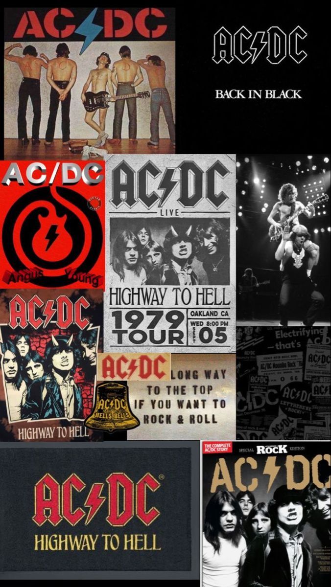 AC/DC, Collage, Highway to Hell, Back in Black, Rot, Hochformat, Hintergrundbild fürs Smartphone