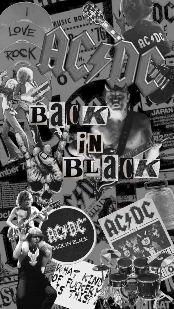 AC/DC, Back in Black, Collage, Schwarz-Weiß, HD, Handy-Hintergrund im Hochformat