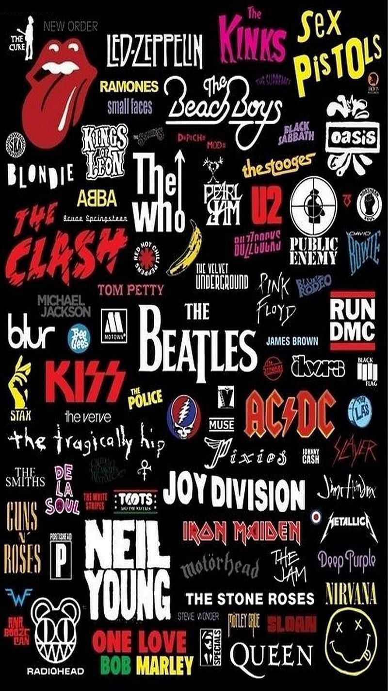AC/DC, Led Zeppelin, The Beatles, Sex Pistols, KISS, Joy Division, Neil Young, Queen, Bandlogos, Collage, Handy-Hintergrundbild