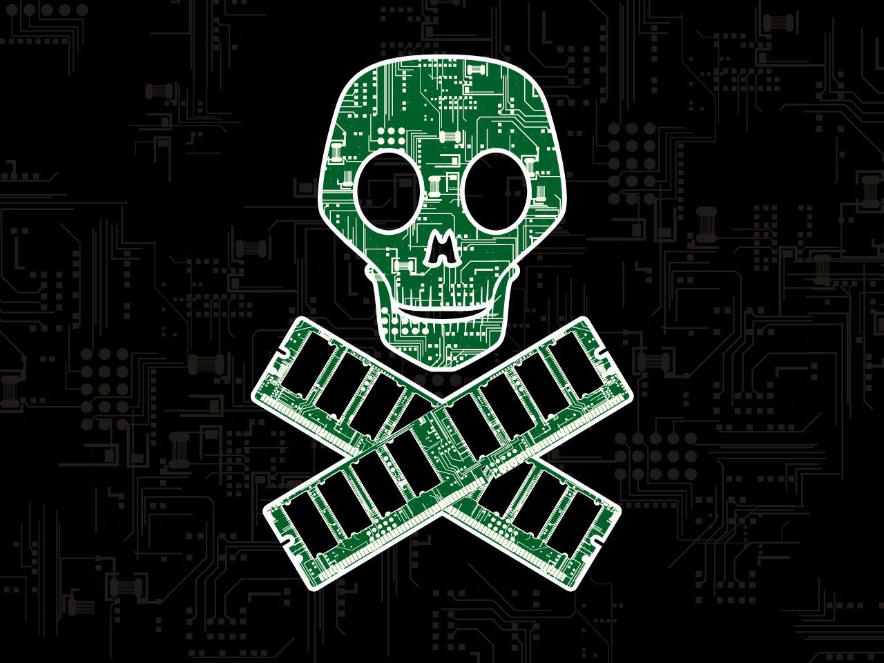 Totenkopf, Arbeitsspeicher, Platine, Grün, Piratensymbol, Hintergrundbild fürs Tablet