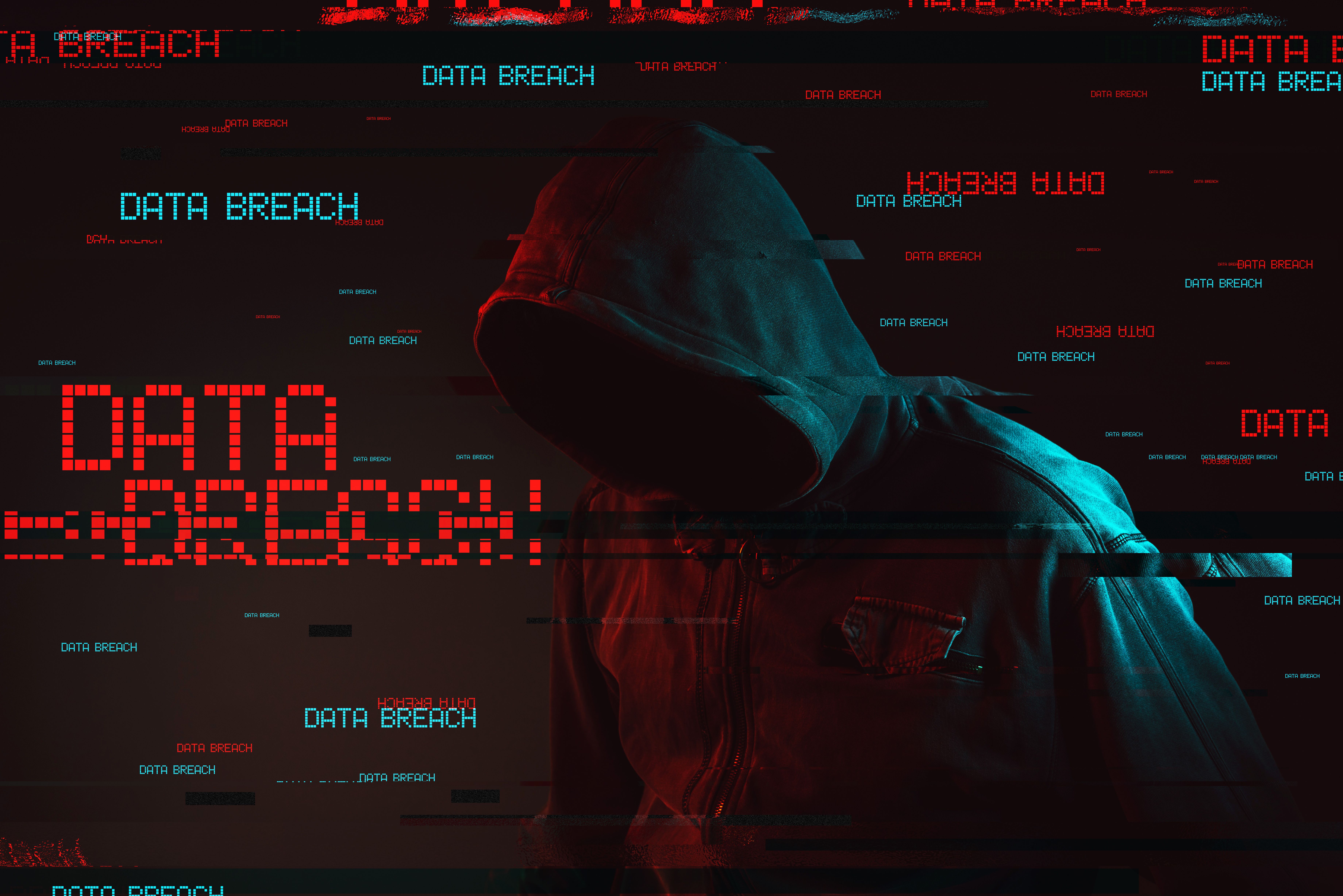 Data Breach, Hacker, Kapuze, Rot, Cyberkriminalität, 6K, Hintergrundbild für den PC