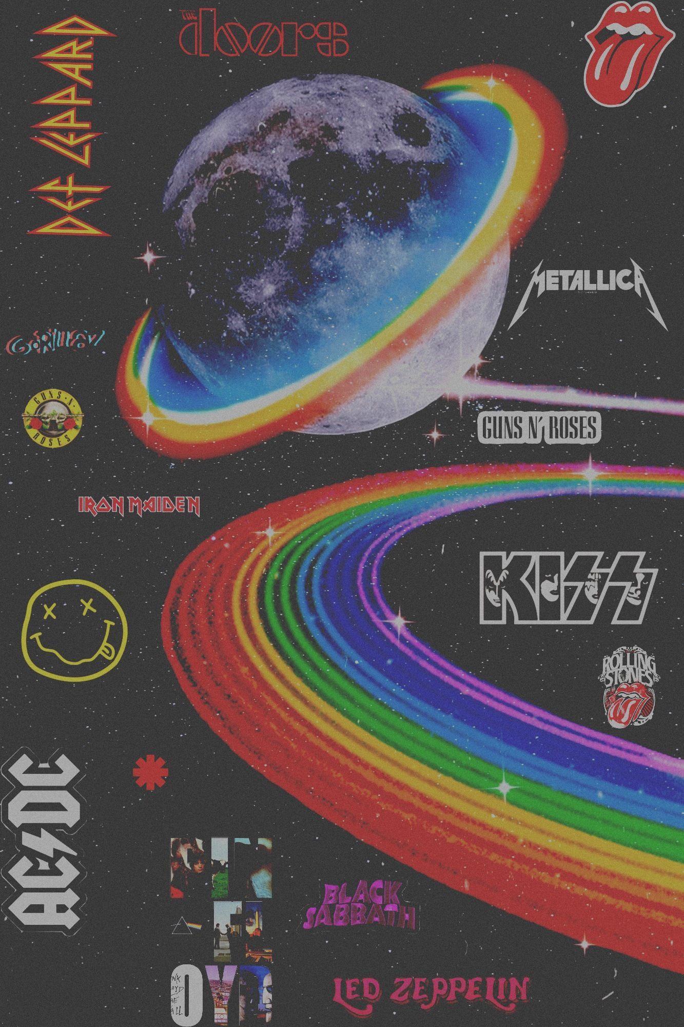 AC/DC, Def Leppard, KISS, Nirvana, The Rolling Stones, Regenbogen, Bandlogos, Sperrbildschirm
