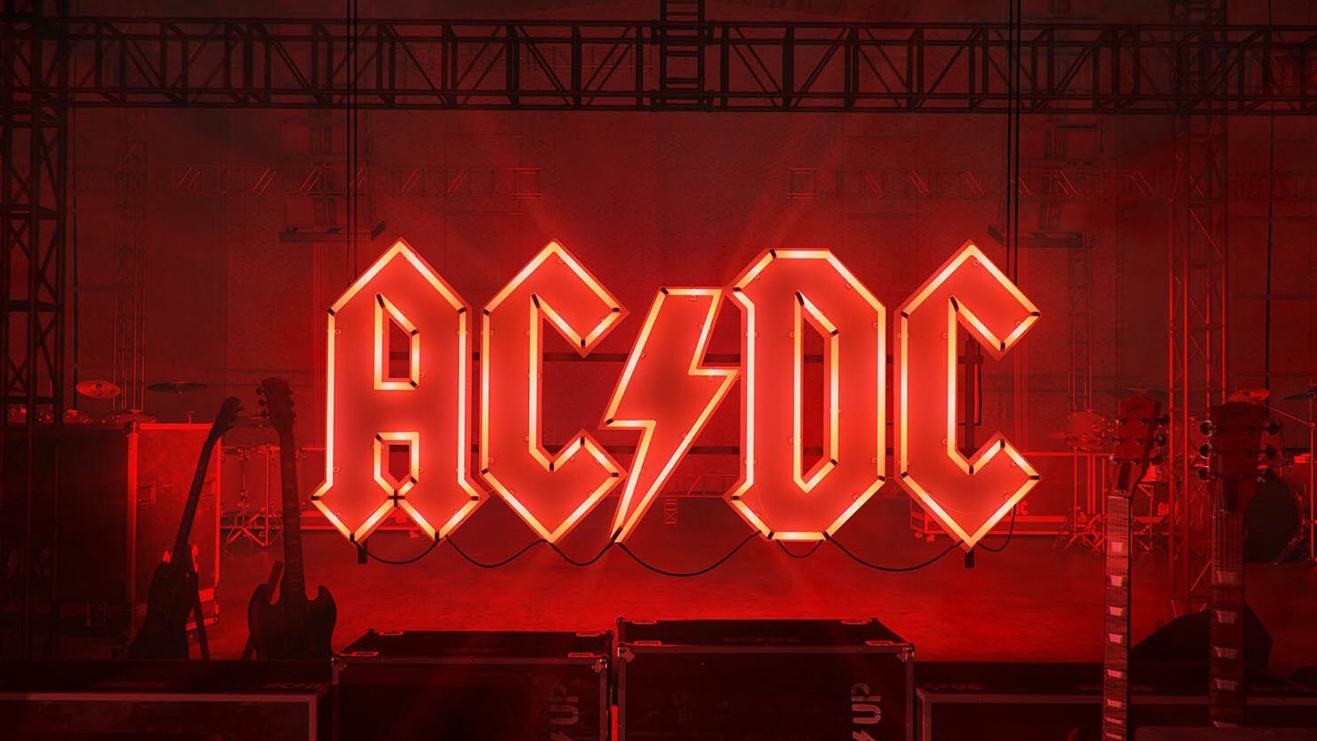 AC/DC, Power Up, Neonlogo, Bühne, Rot, 16:9, Full-HD-Hintergrundbild für den Desktop