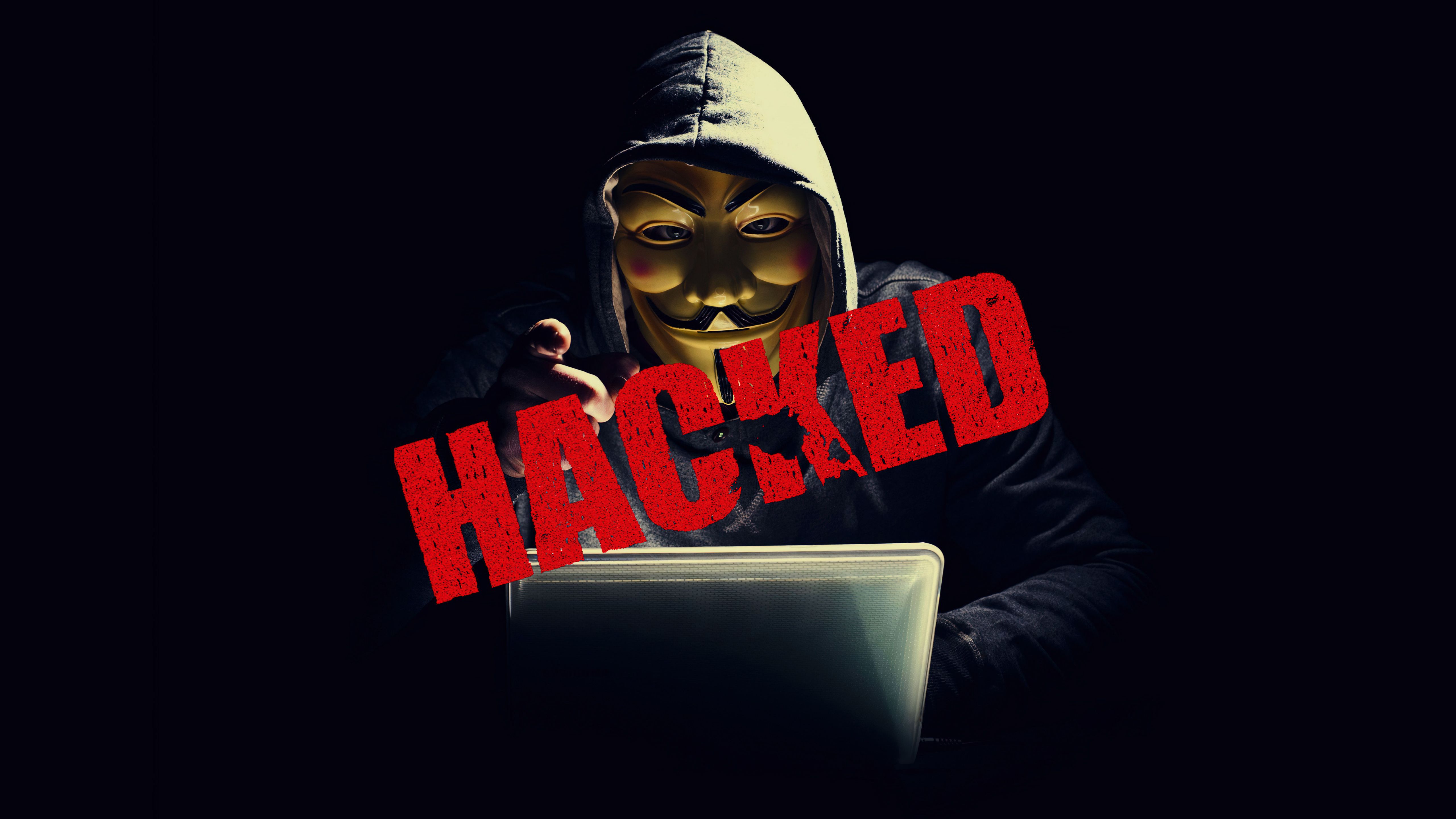 Hacked, Guy-Fawkes-Maske, Anonymous, Laptop, Kapuze, 16:9, 5K-Hintergrundbild für den Desktop