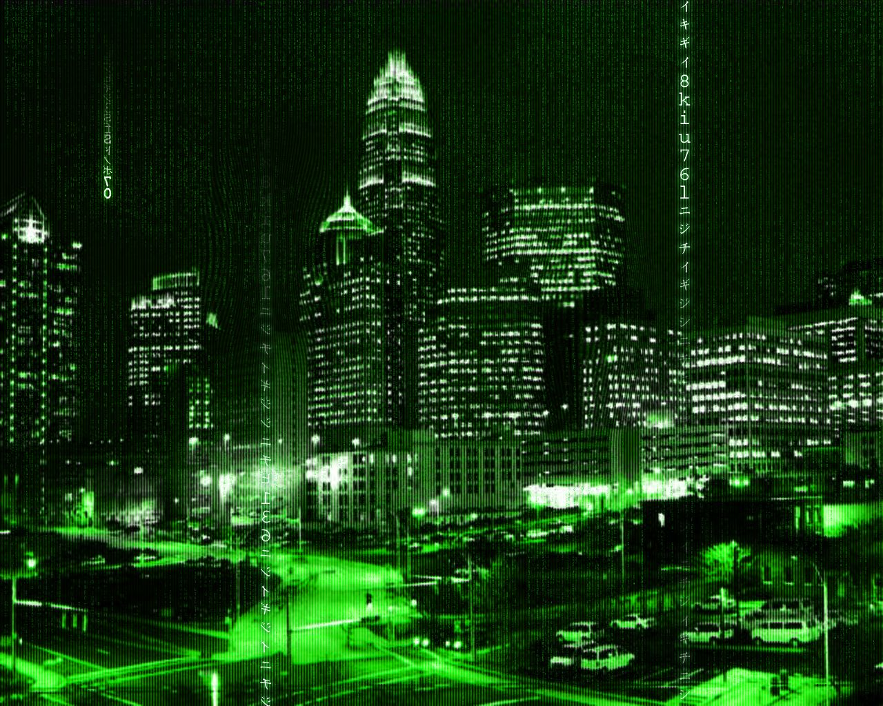 Skyline, Nacht, Grünes Licht, Matrix-Code, Hochhäuser, HD, Hintergrund für den Desktop