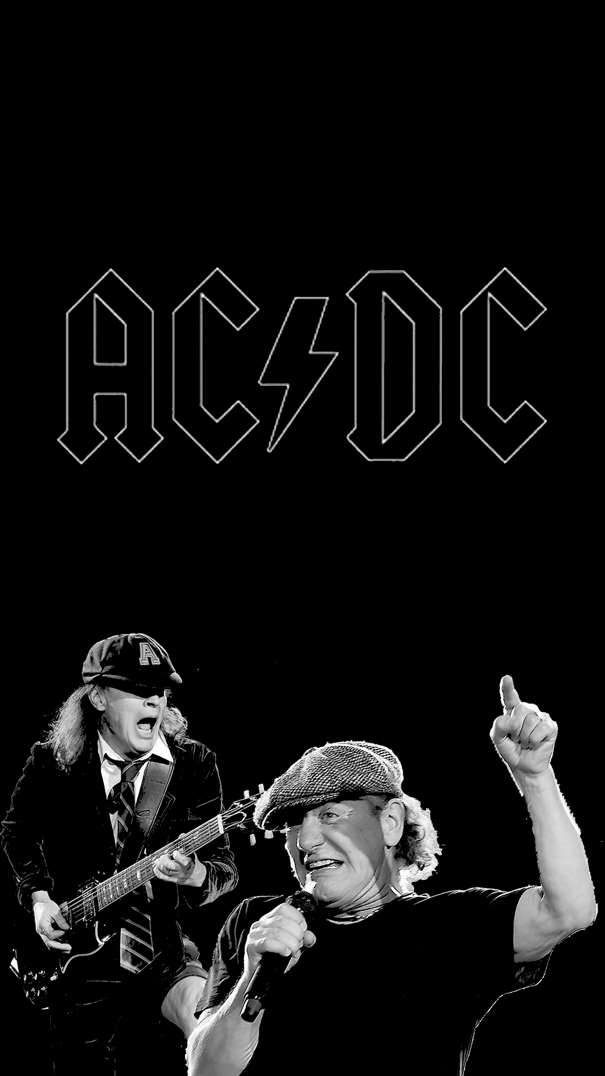 AC/DC, Angus Young, Logo, Schwarz-Weiß, Gitarre, Full HD, Handy-Hintergrund im Hochformat