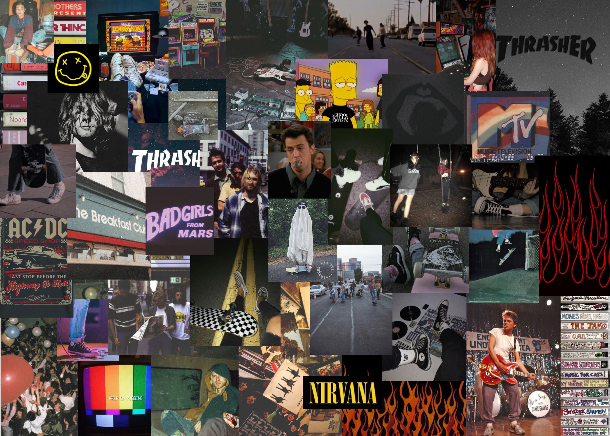 AC/DC, Nirvana, Thrasher, MTV, Collage, Grunge-Ästhetik, Full-HD-Hintergrundbild für PC