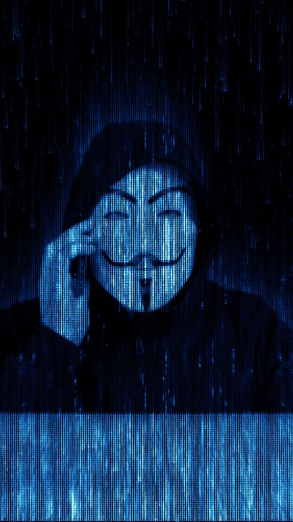 Hacker, Guy-Fawkes-Maske, Code, Blau, Glitch, Hochformat, Hintergrundbild fürs Smartphone