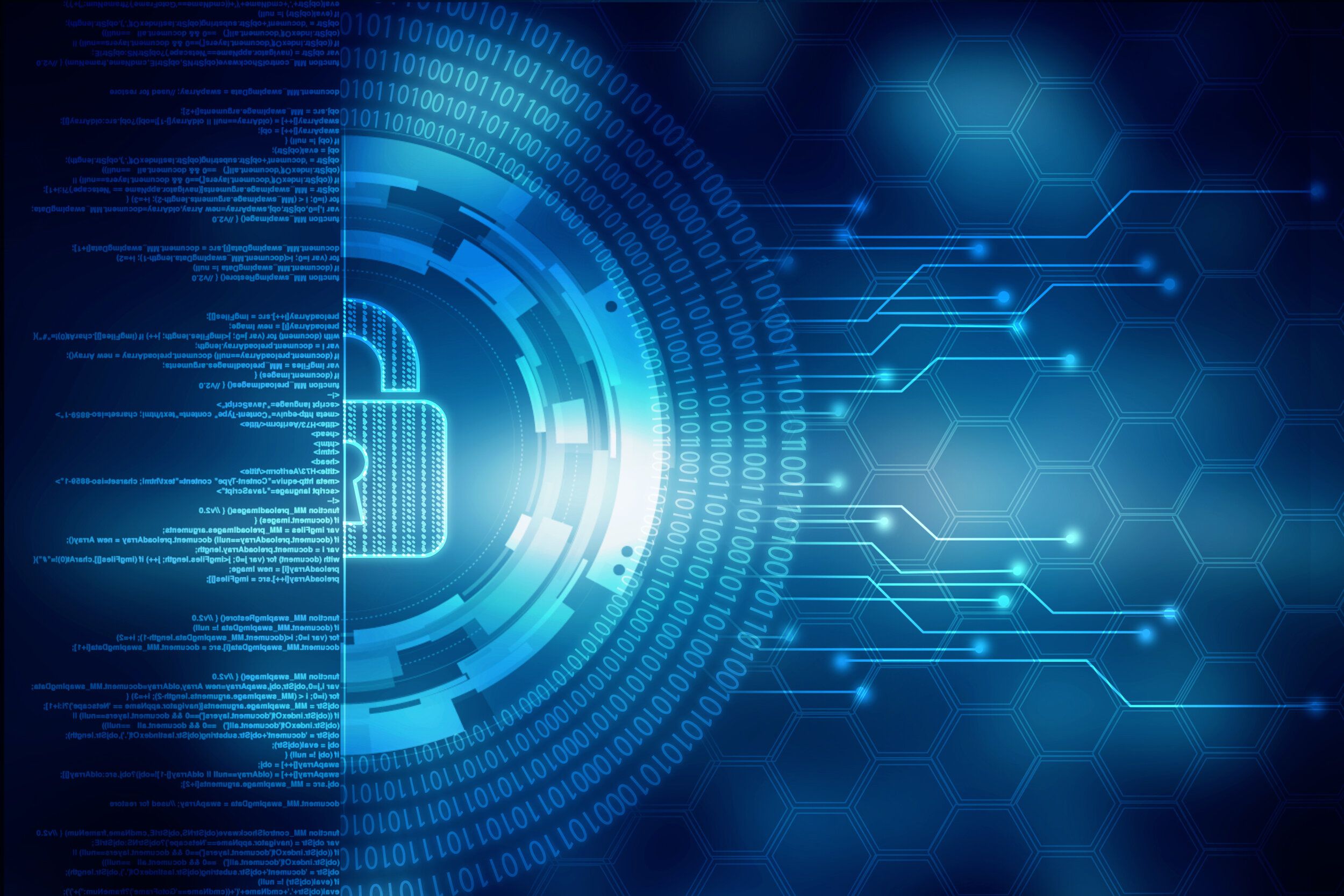Cybersicherheit, Vorhängeschloss, Leiterbahnen, Blau, Hexagon, Full HD, Laptop-Hintergrundbild