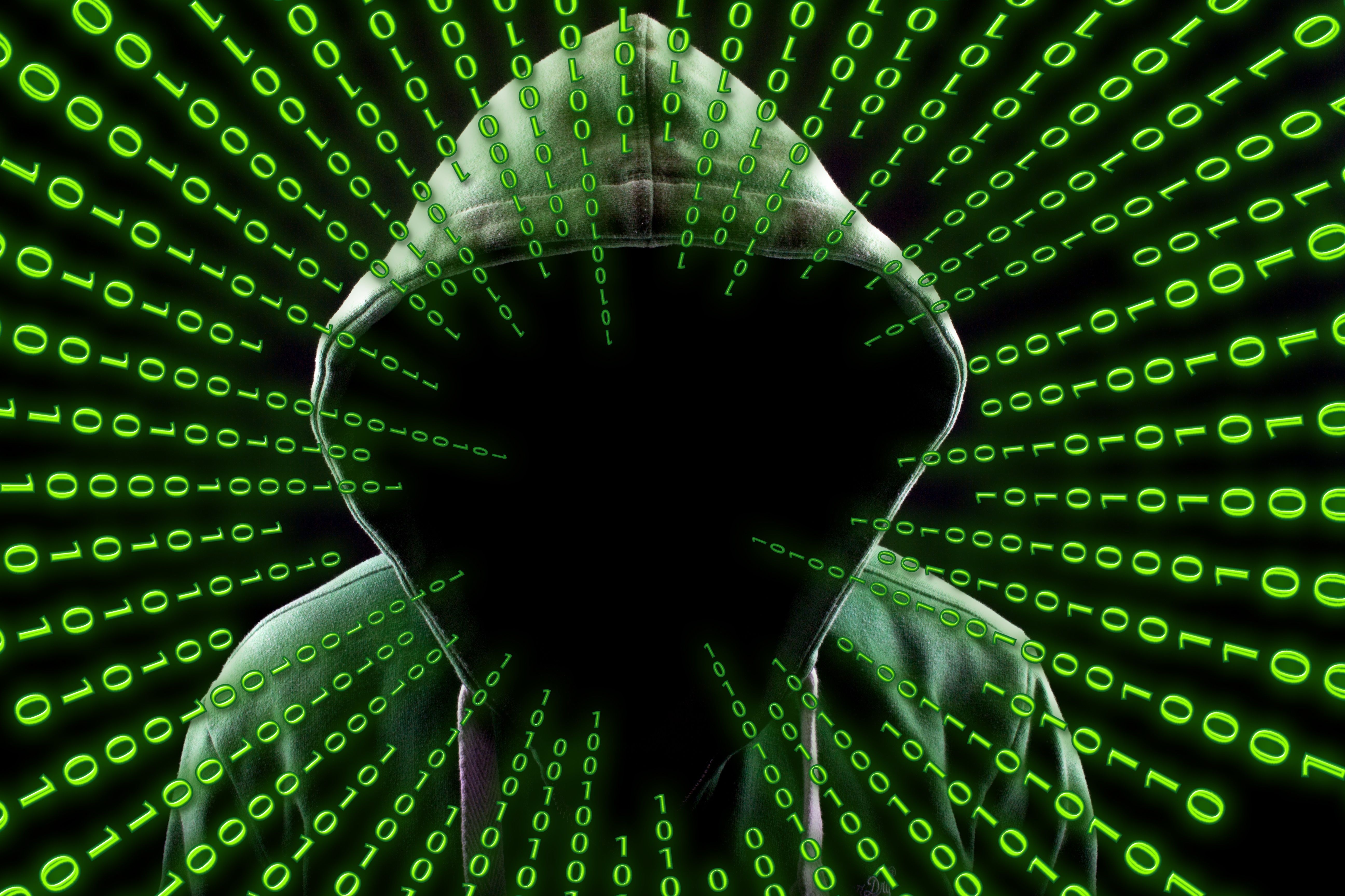 Hacker, Kapuze, Binärcode, Grün, Gesichtslos, 5K, Hintergrund für den Desktop