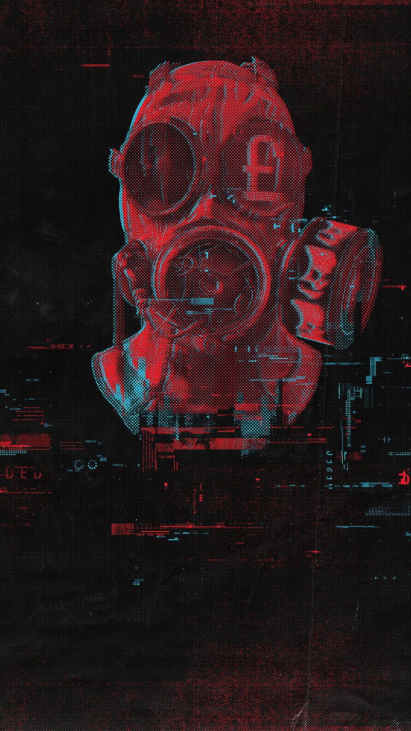 Gasmaske, Rot, Glitch, Dunkel, Cyberpunk, Hintergrundbild für iPhone und Android