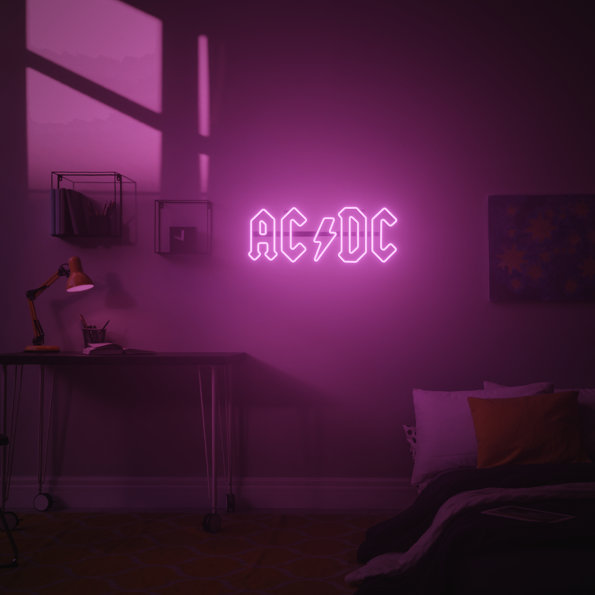 AC/DC, Power Up, Neonlogo, Zimmer, Pink, Full HD, Hintergrundbild fürs Tablet