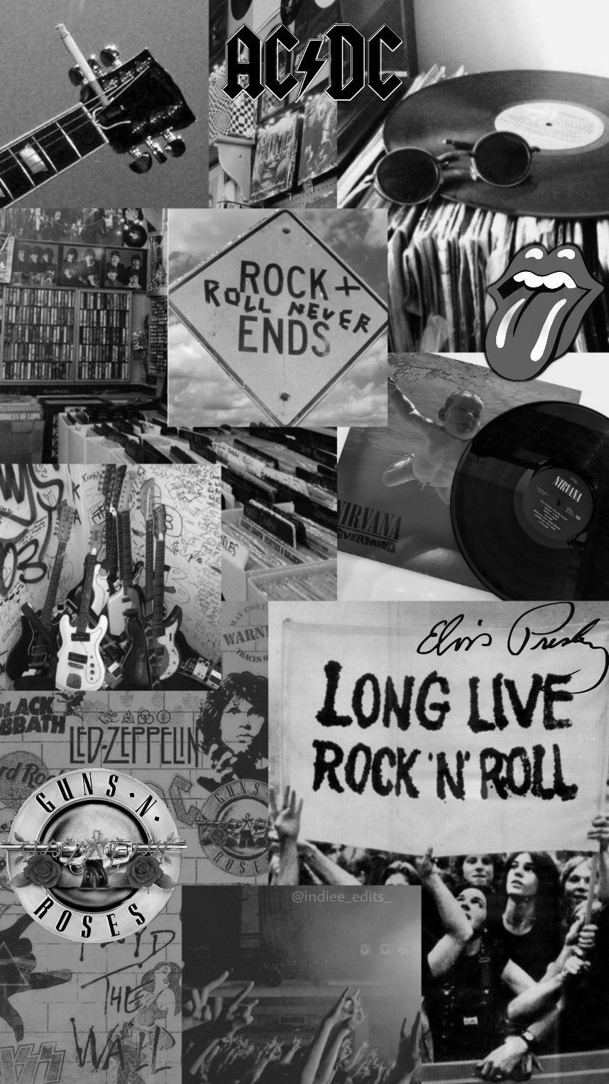 AC/DC, Guns N' Roses, Long Live Rock 'n' Roll, Collage, Schwarz-Weiß, Hintergrundbild fürs Handy