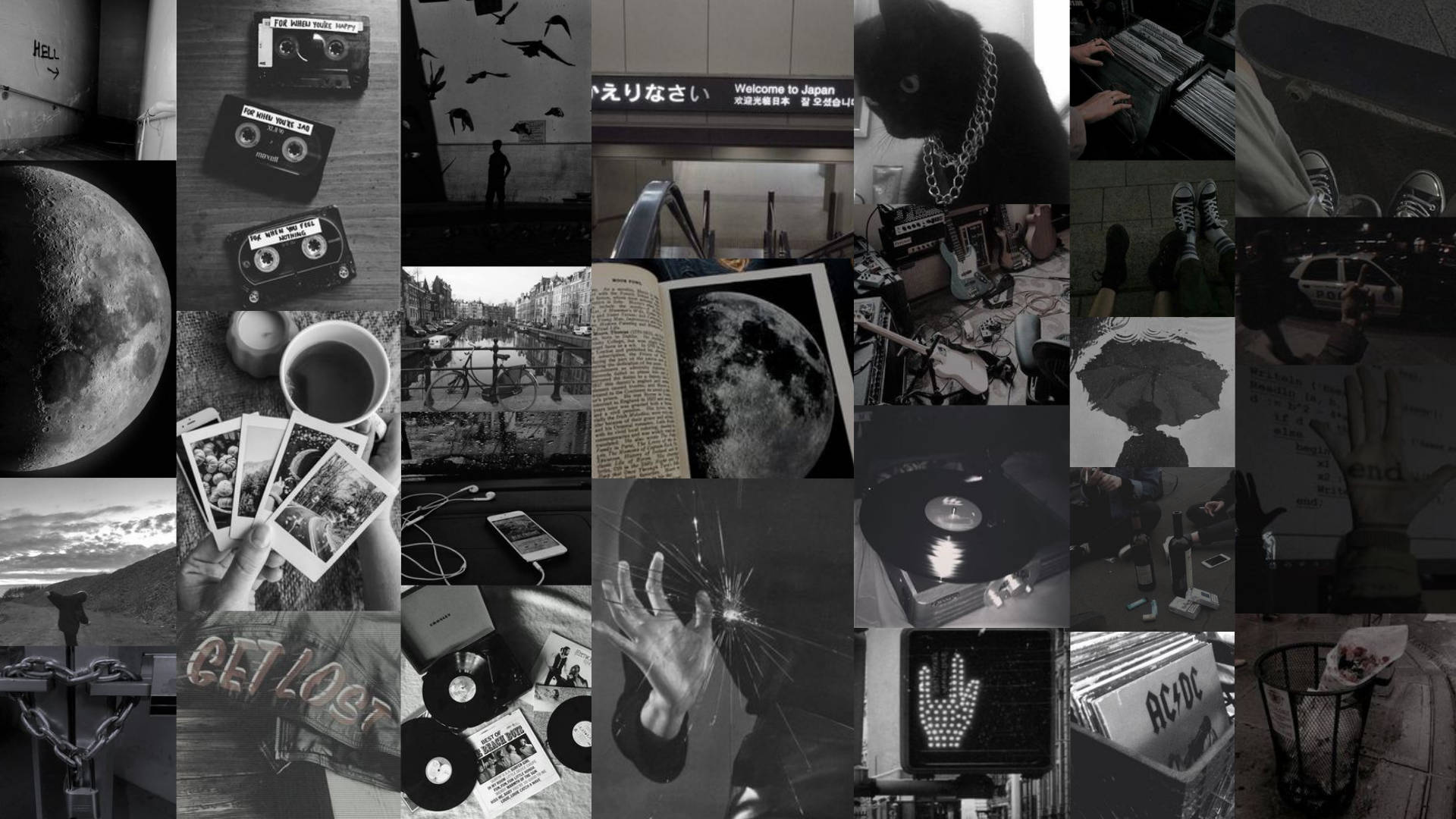Collage, Schwarz-Weiß, Mond, Kassetten, Grunge-Ästhetik, 1920x1080, PC-Hintergrundbild