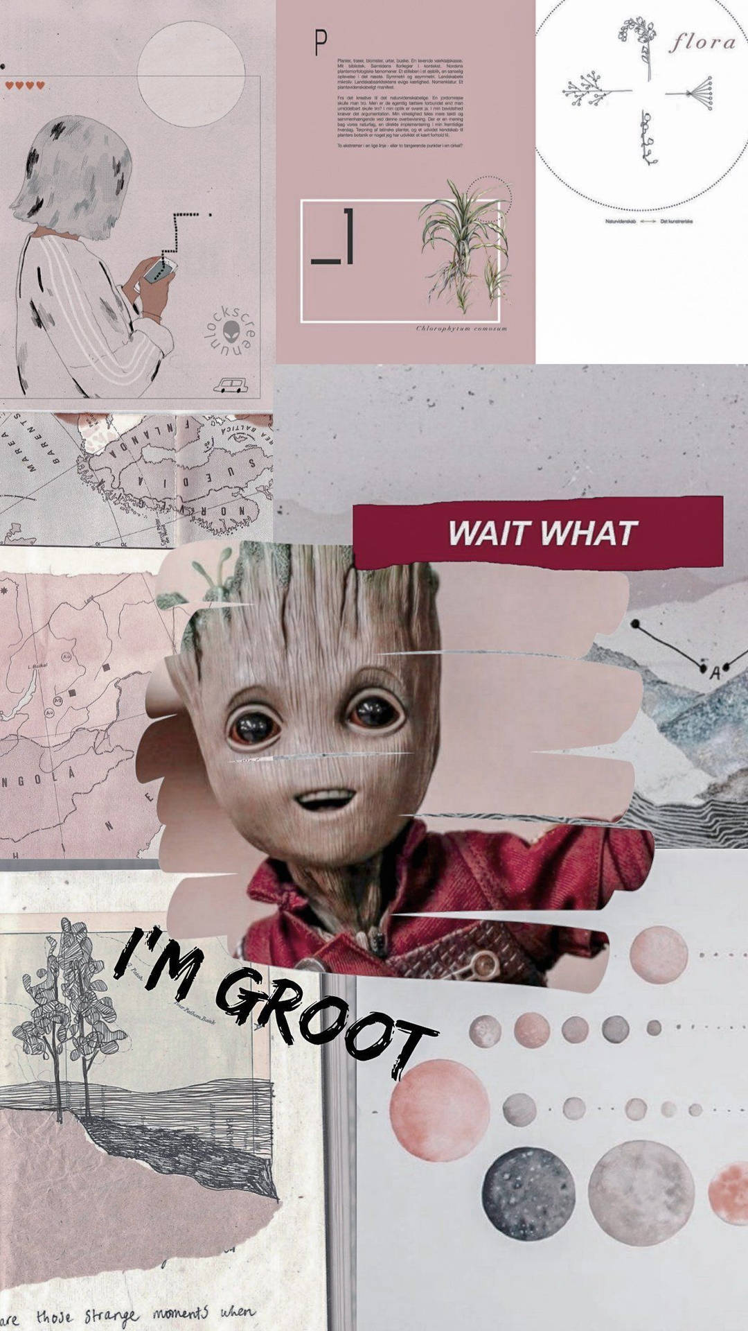 Baby Groot, I'm Groot, Collage, Rosa Ästhetik, Pastell, Hochformat, Hintergrundbild fürs Smartphone