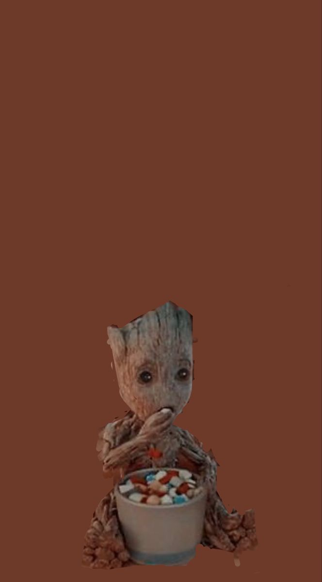 Baby Groot, Groot, Schale, Brauner Hintergrund, Minimalistisch, Sperrbildschirm fürs iPhone