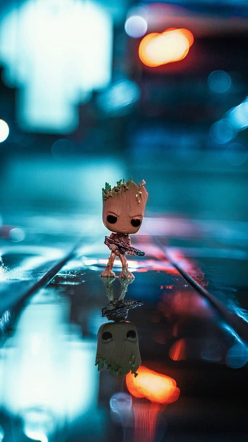 Baby Groot, Groot, Spiegelung, Bokeh, Blau-Orange, Hintergrundbild für iPhone und Android