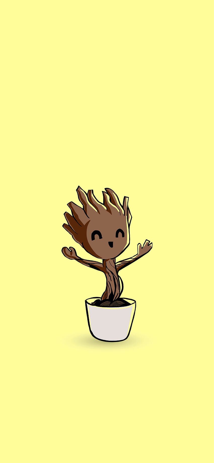 Baby Groot, Groot, Blumentopf, Gelber Hintergrund, Minimalistisch, Sperrbildschirm fürs iPhone