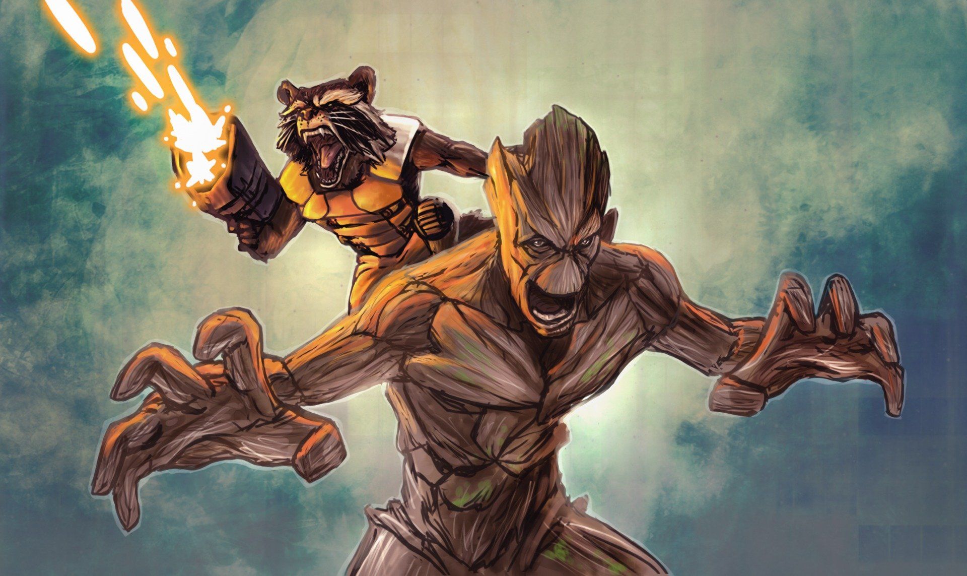 Groot, Rocket, Guardians of the Galaxy, Marvel, Illustration, Full HD, Desktop-Hintergrund