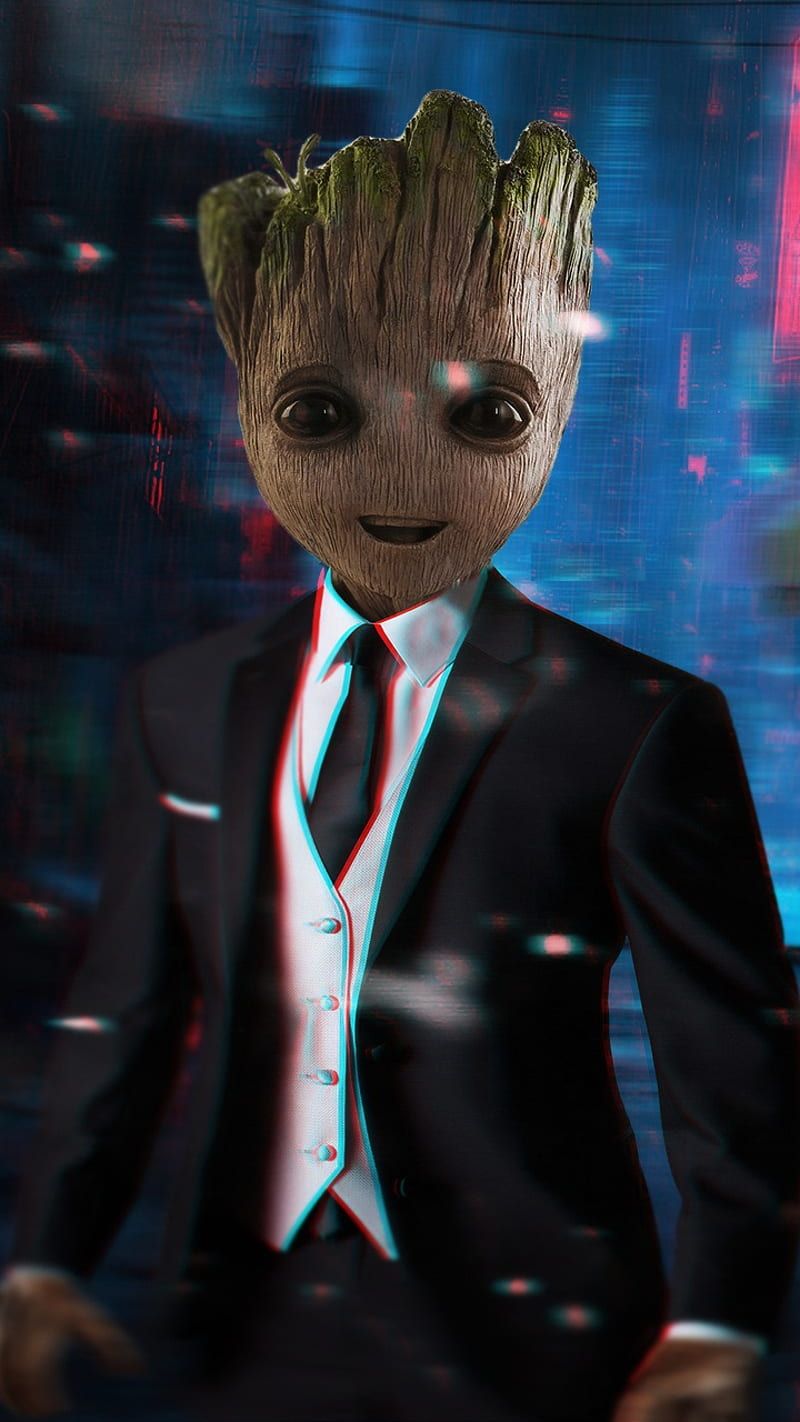 Baby Groot, Groot, Anzug, Krawatte, Dunkel, Hochformat, Hintergrundbild fürs Smartphone