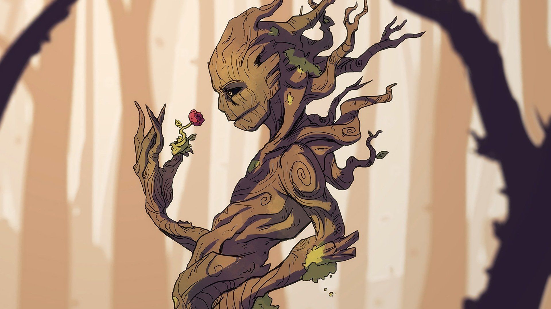 Groot, Rose, Illustration, Wald, Marvel, 16:9, Full-HD-Hintergrundbild für den Desktop