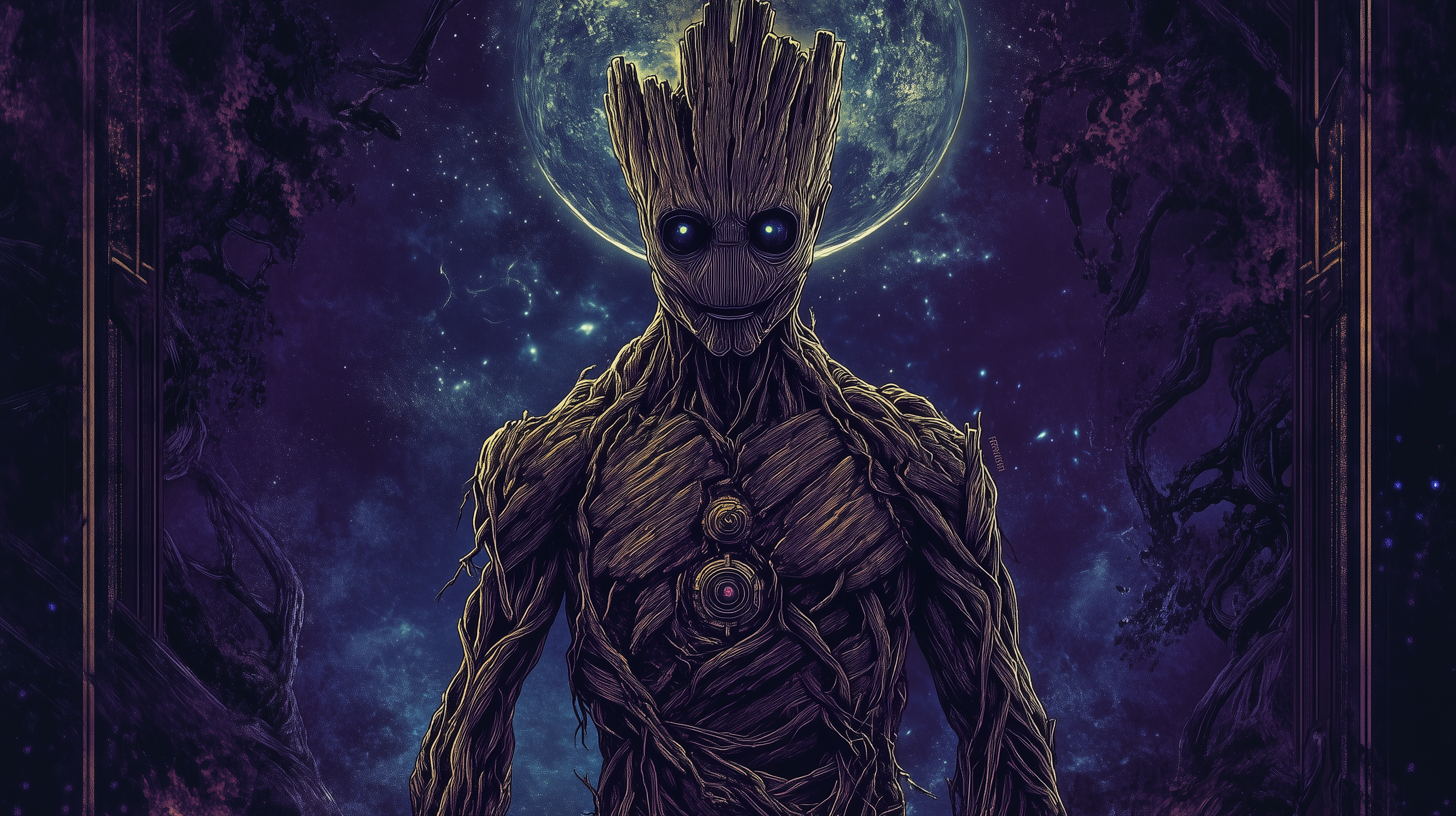 Groot, Guardians of the Galaxy, Weltraum, Mond, Dunkelblau, 2K, Laptop-Hintergrundbild