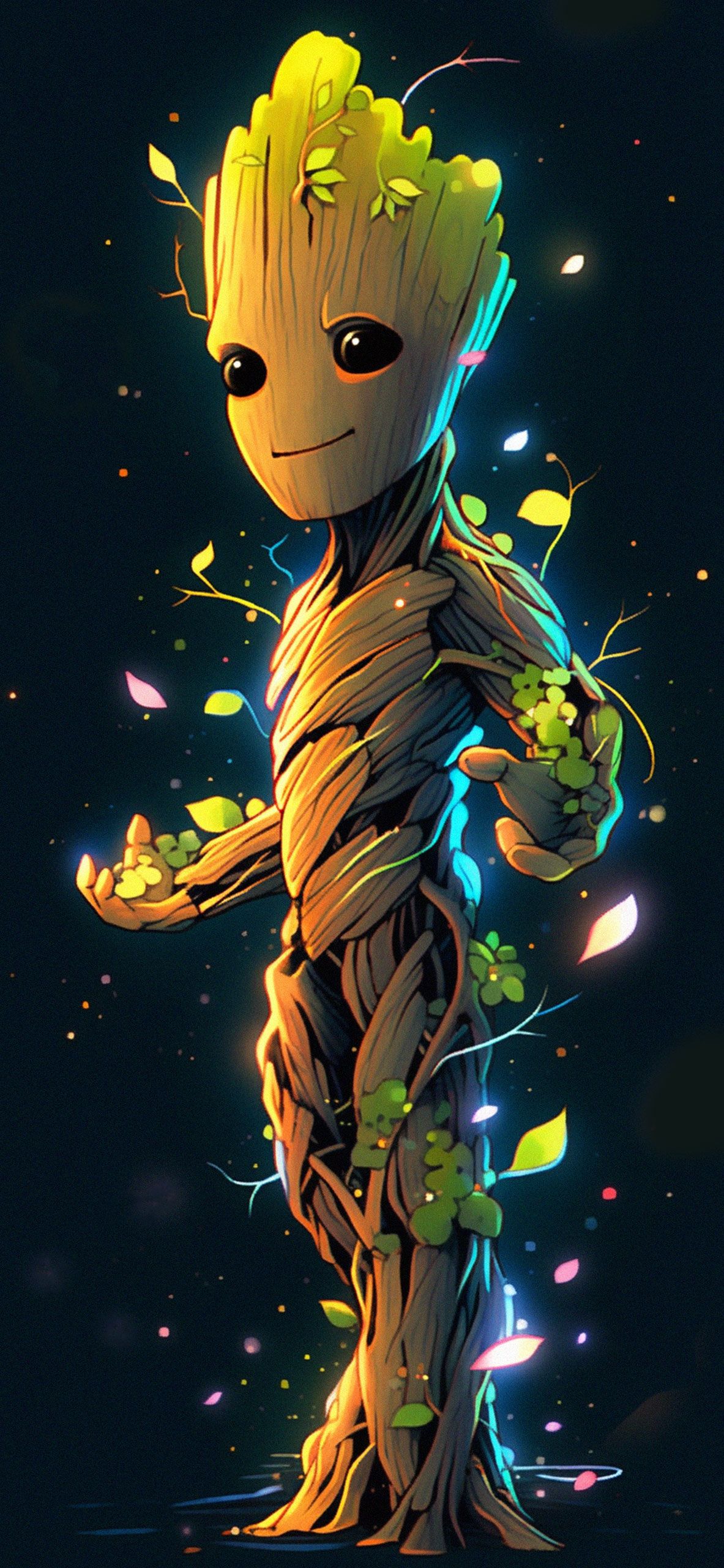 Baby Groot, Groot, Leuchteffekte, Schwarzer Hintergrund, Digital Art, Sperrbildschirm fürs iPhone