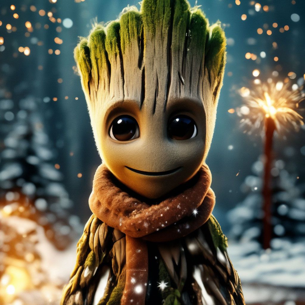 Baby Groot, Groot, Schal, Wunderkerze, Winter, Schnee, Hintergrundbild für iPad und Tablet