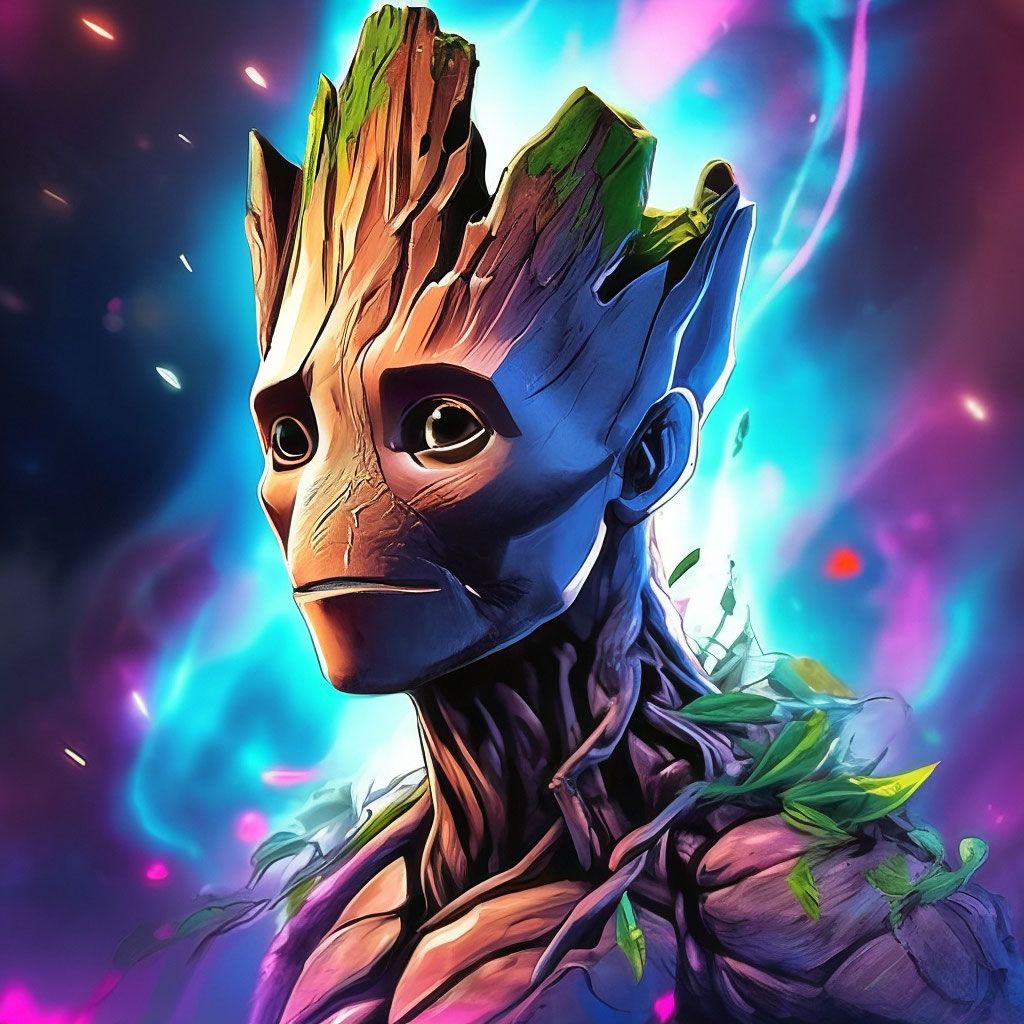 Groot, Marvel, Digital Art, Neonfarben, Weltraum, Hintergrundbild für iPad und Tablet