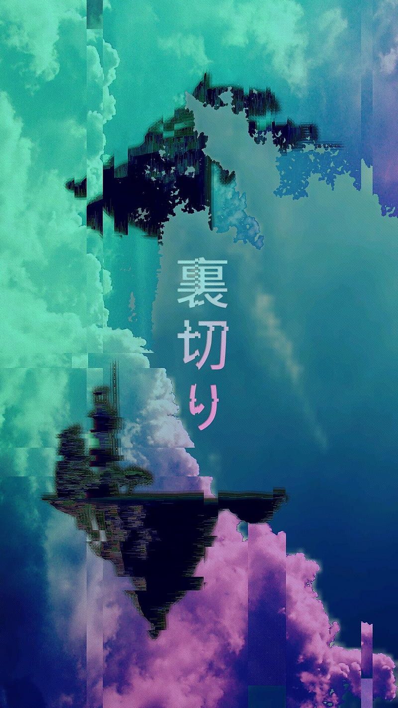 Kanji, Schwebende Insel, Wolken, Türkis, Rosa, Surreal, HD, Sperrbildschirm fürs iPhone