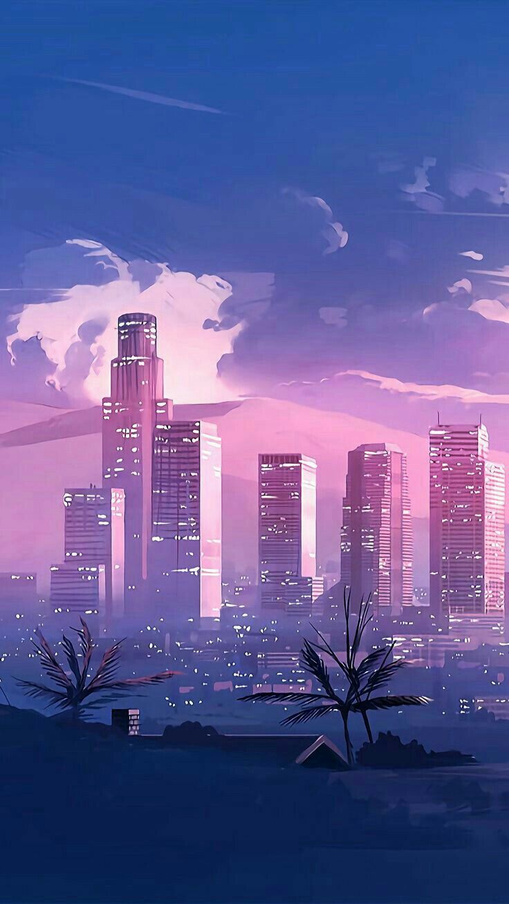 Stadtsilhouette, Illustration, Wolkenkratzer, Rosa Himmel, Palmen, Abenddämmerung, Hochformat-Hintergrundbild