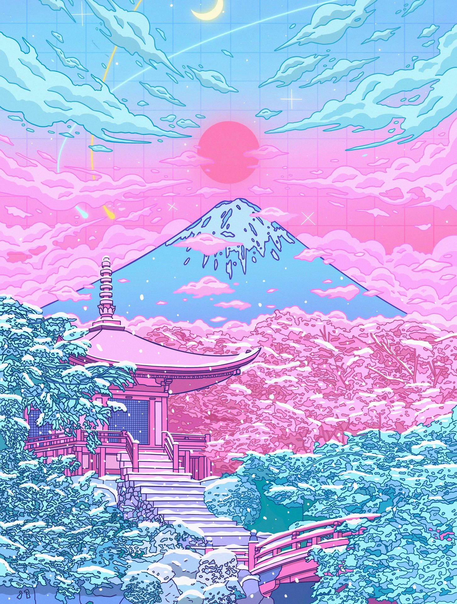Fuji, Pagode, Kirschblüten, Pixel-Art, Rosa, Sonne, QHD+, iPad-Hintergrundbild