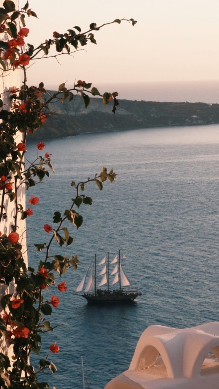 Segelschiff, Meer, Küste, Blumenranken, Pastell, HD, Sperrbildschirm fürs iPhone