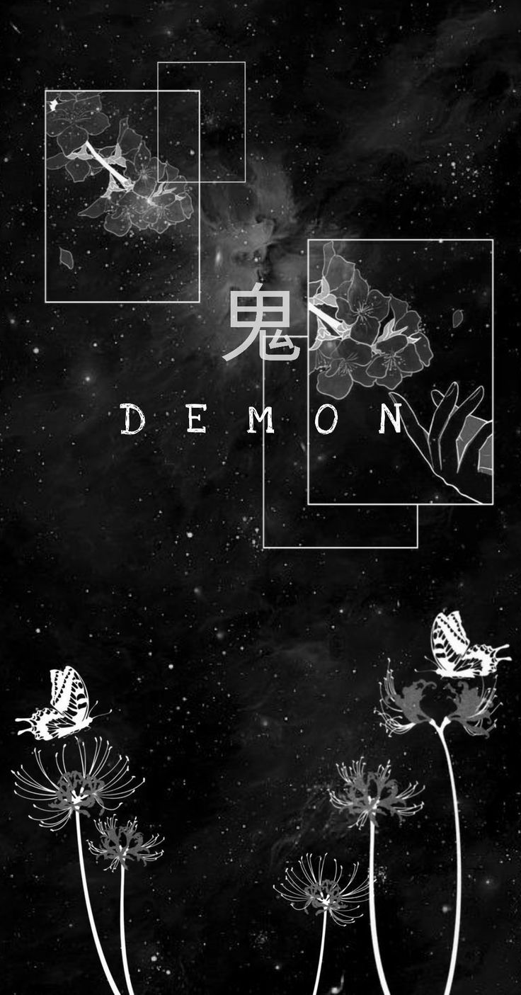 Kanji, Demon, Schwarz-Weiß, Lotusblumen, Typografie, HD, Handy-Hintergrund im Hochformat