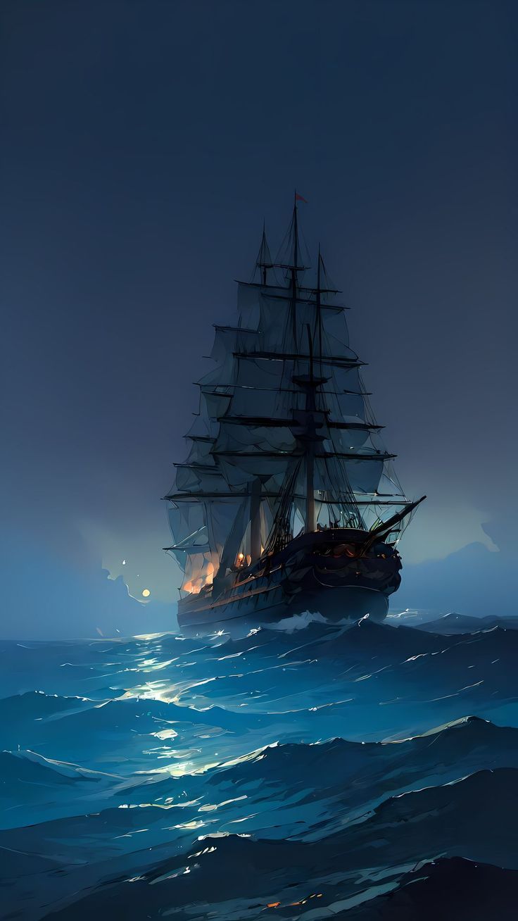 Segelschiff, Nacht, Meer, Wellen, Dunkelblau, HD, Hintergrundbild fürs Handy