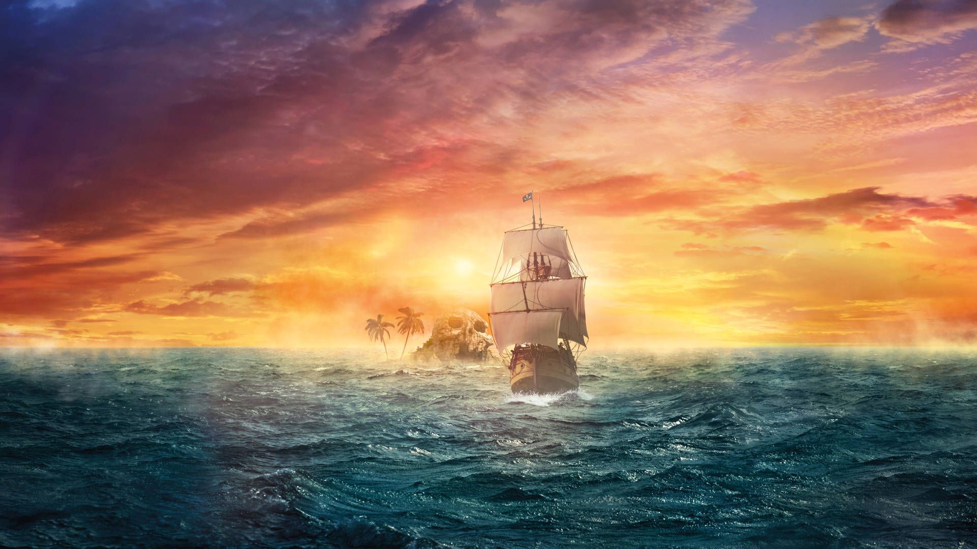 Segelschiff, Sonnenuntergang, Meer, Wolken, Digitale Kunst, 1920x1080, PC-Hintergrundbild