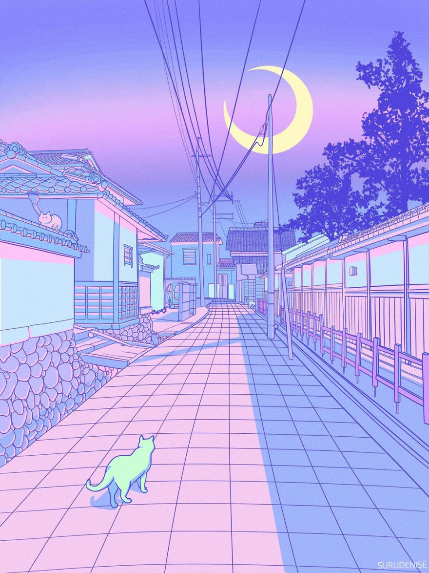 Straße, Mondsichel, Katze, Pastellfarben, Illustration, Anime-Stil, HD, Tablet-Hintergrund